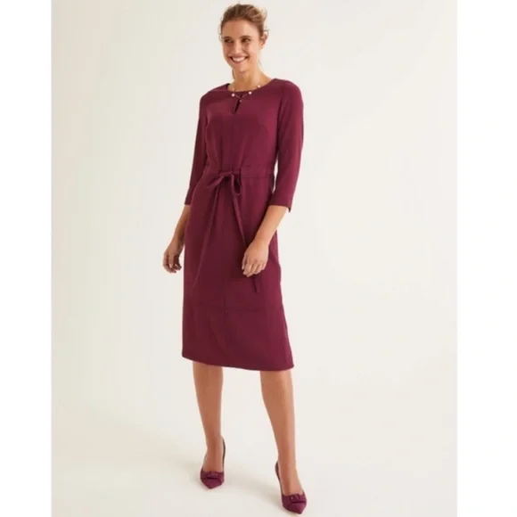 Boden Addie Dress In Merlot Tie Waist 3/4 Sleeve Burgundy Midi Size 8 8R - Picture 3 of 15